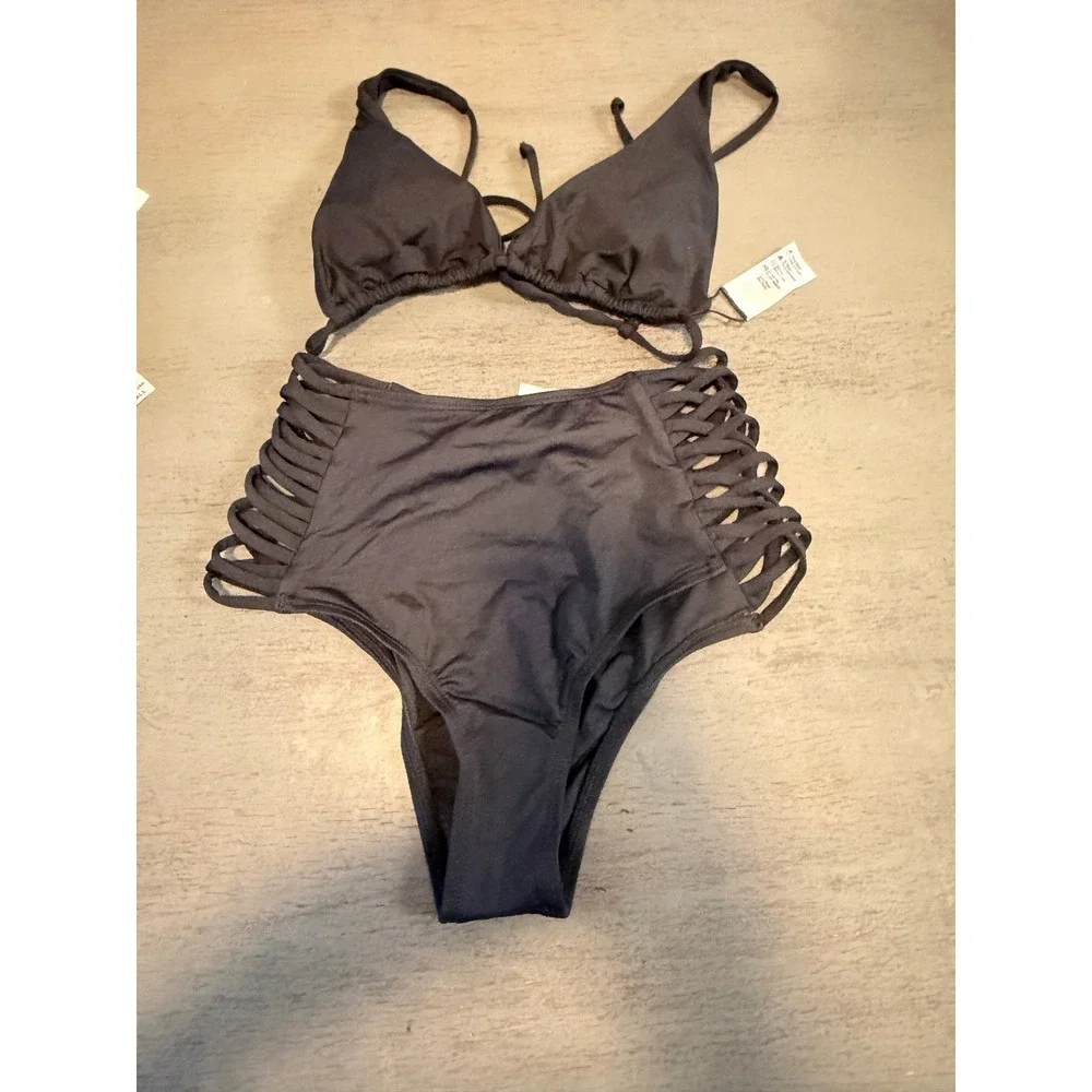 L Space Black High Waisted Lattice Bikini Set XS Triangle Top Strappy Bottoms